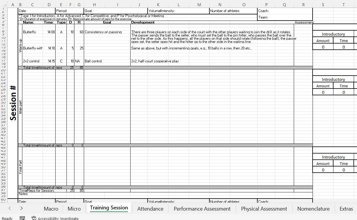 Training session planning screenshot